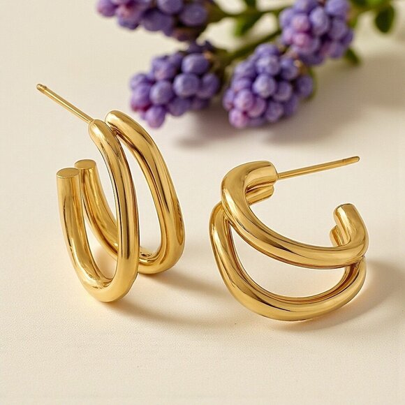 🆕️Minimalist Double C-Hoop Earrings - 18K Gold Plated Stainless Steel Earrings✨ - Picture 7 of 14